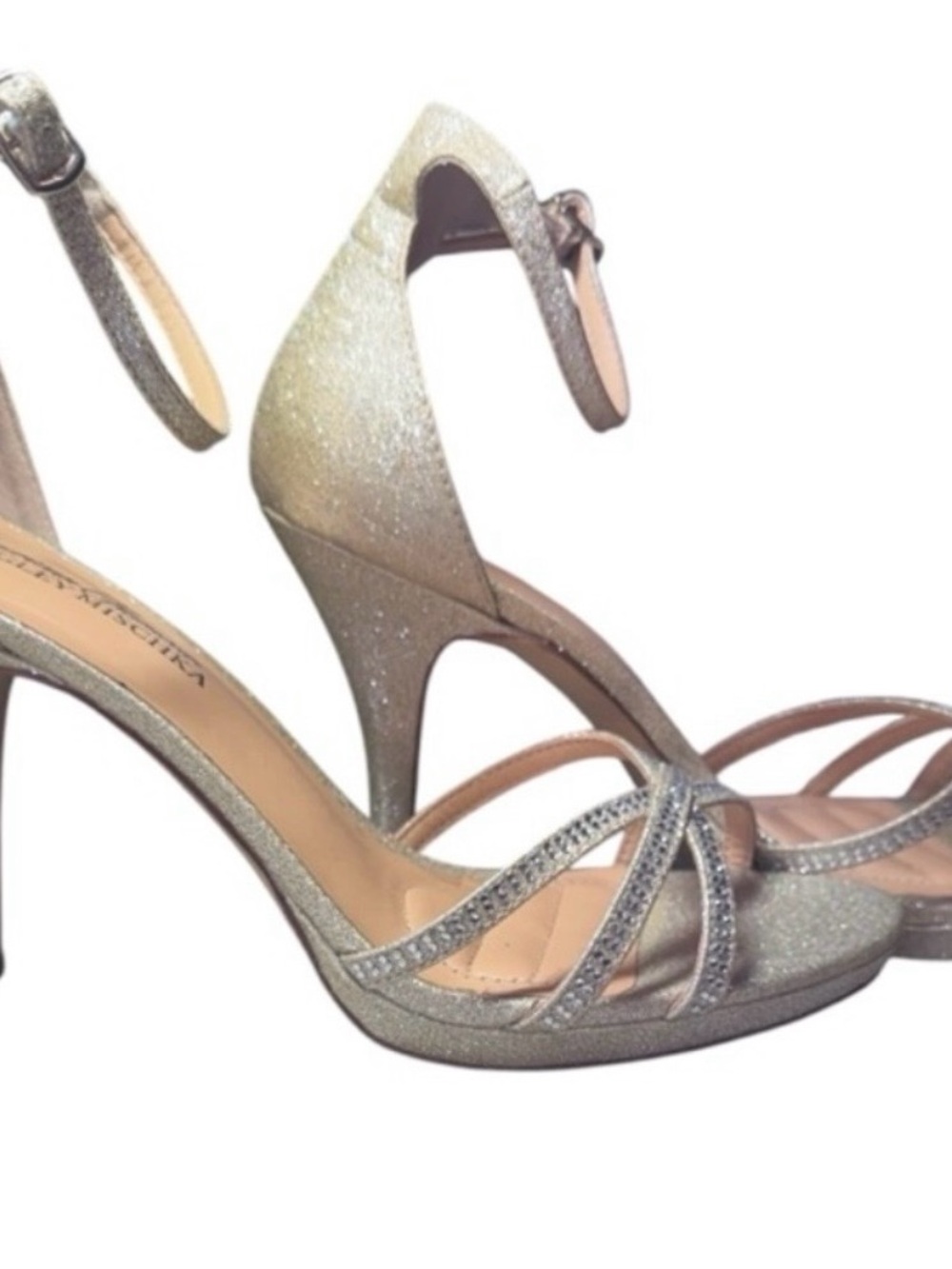 Badgley Mischka Iridescent Gold/SilverGlitter Fabric Strappy Heels, Sz 8.5, VGUC
